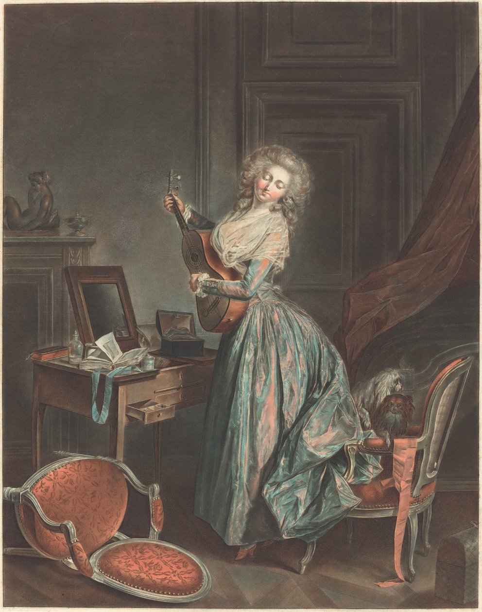 gitar çalan bir kadın by Jean François Janinet after Nicolas Lavreince