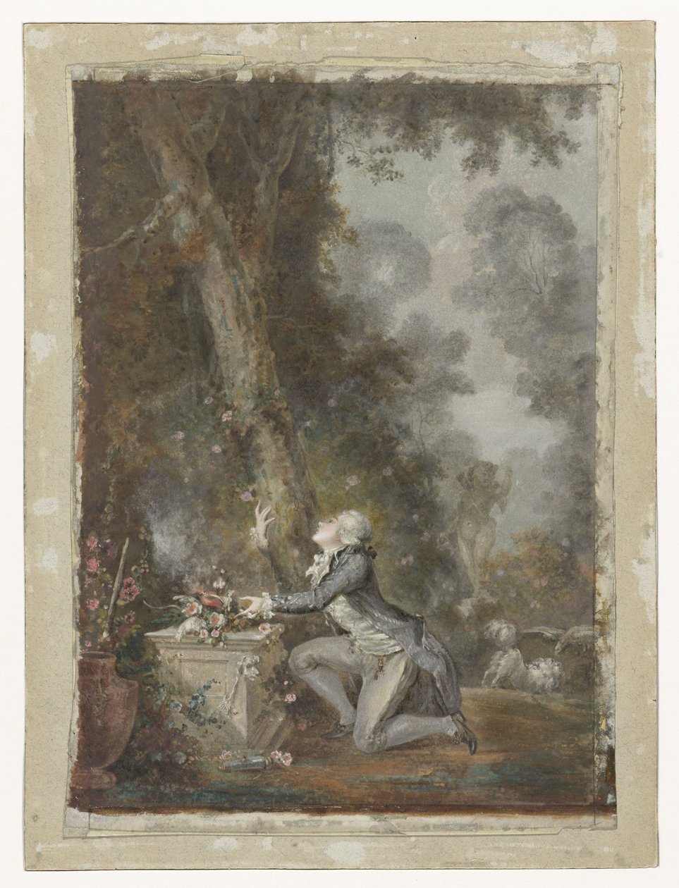 Bahçede bir aşk sunağının yanında diz çökmüş genç adam by Jean Frederic Schall