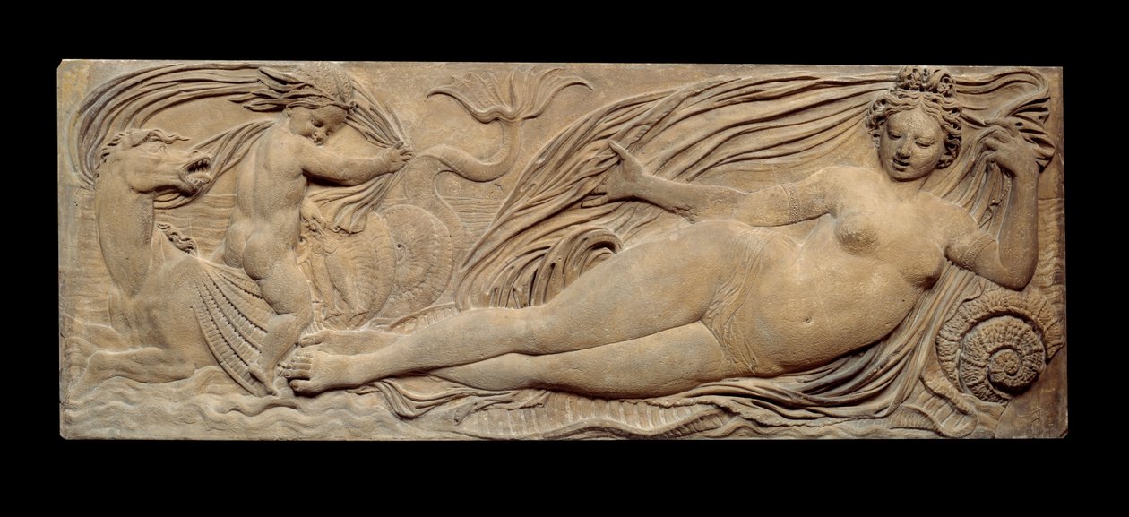 Peri ve küçük cin deniz atına biner; Nymph ve Triton, iki küçük cinle çevrilidir. Düşük kabartma. Jean Goujon