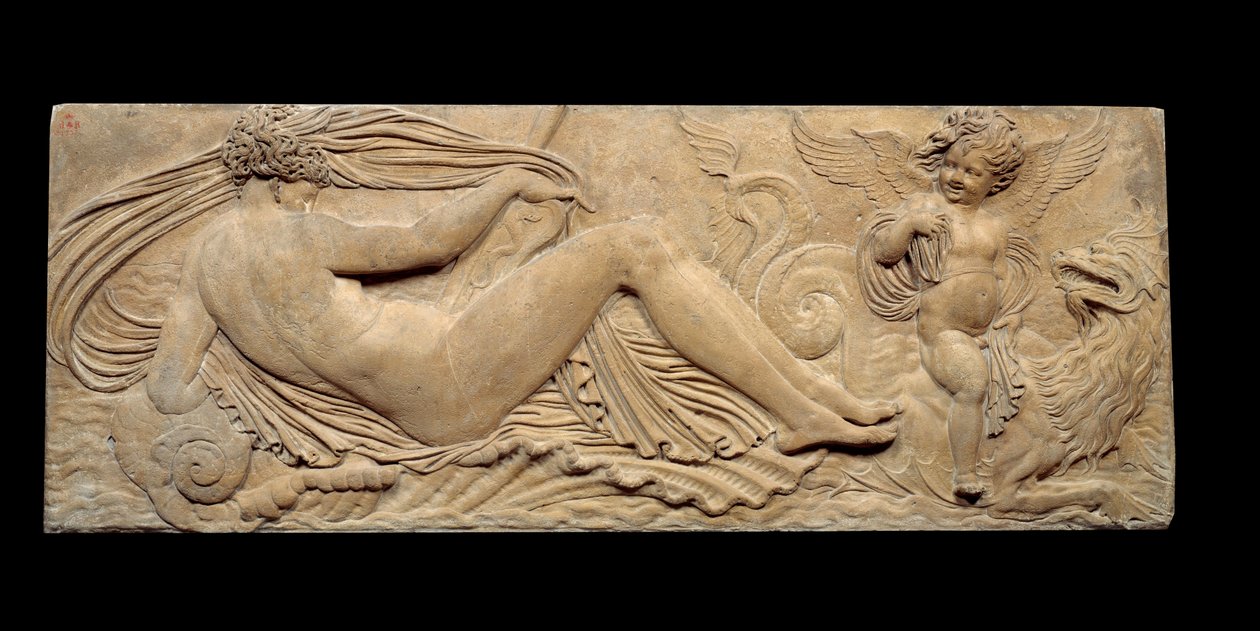 Peri ve küçük cin deniz atına biner; Nymph ve Triton, iki küçük cinle çevrilidir. Düşük kabartma. Jean Goujon
