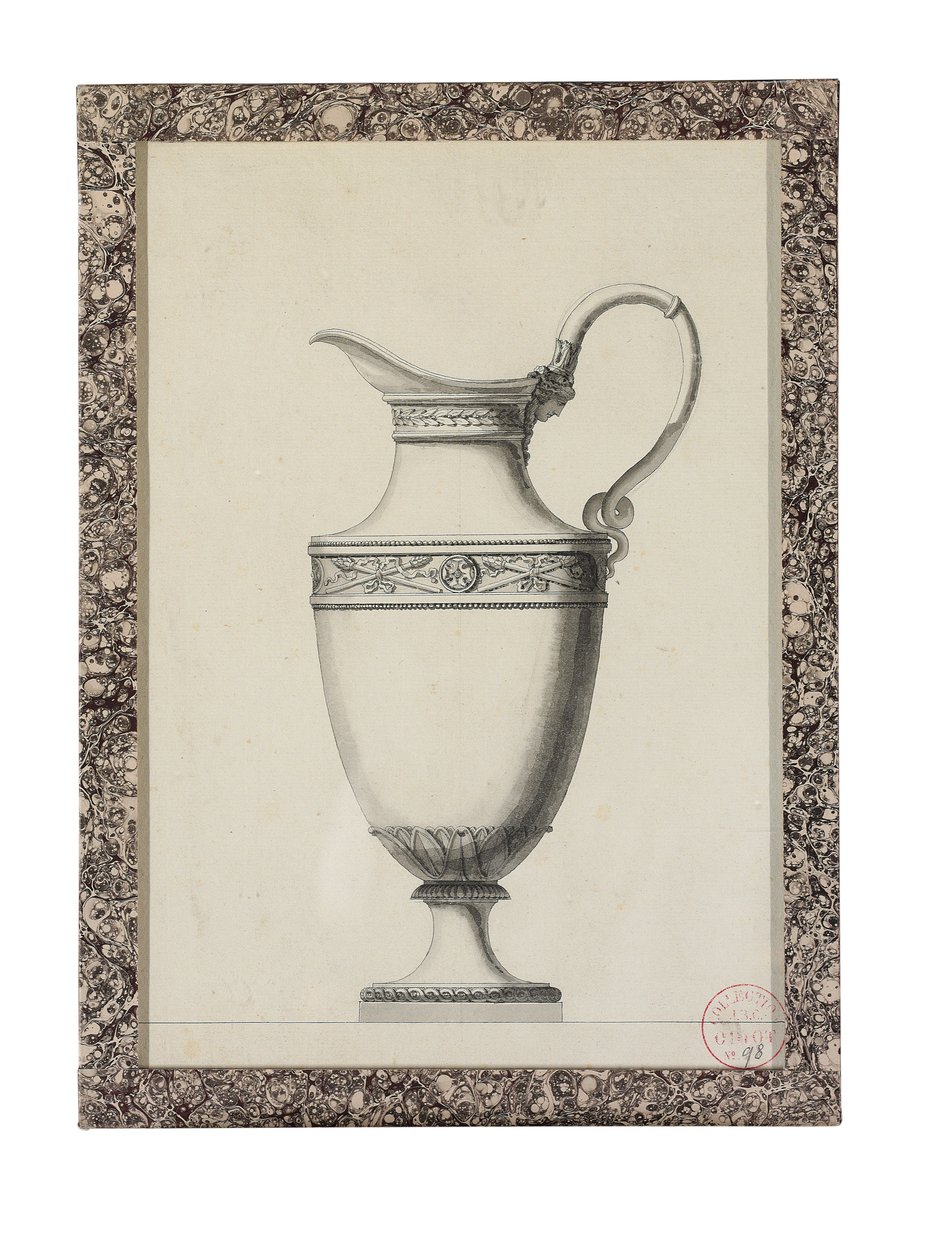 Grecian maske saplı bir ibrik için tasarım (siyah kurşun, kalem ve siyah mürekkep, kağıt üzerinde gri ve siyah yıkama) by Jean Guillaume Moitte