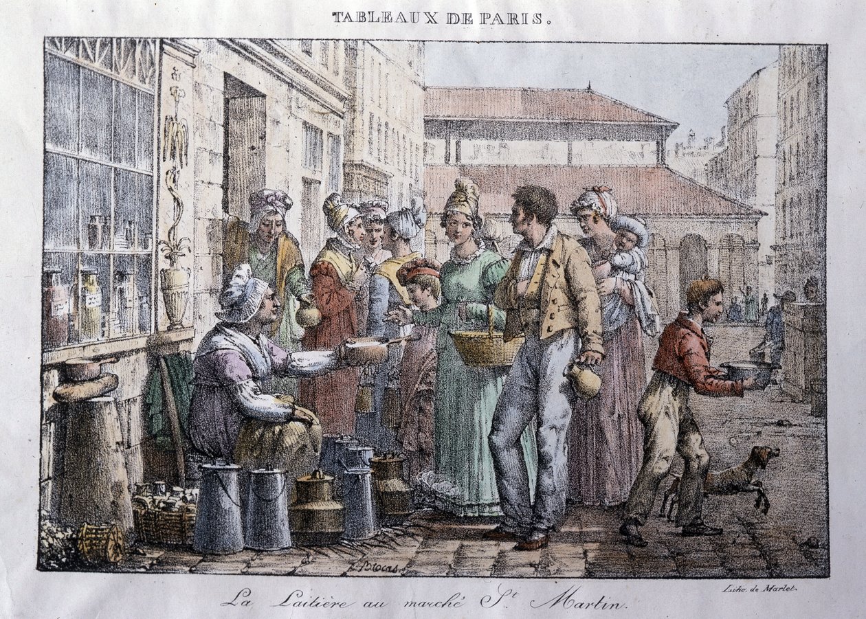 Paris sokaklarında eski ticaret: Saint Martin pazarının sütçü kızı (Saint-Martin) - Jean Henry Marlet (1771-1847) tarafından “Les Tableaux de Paris”te gravür, 72 baskı serisi, 19. yüzyılın sonu Yüzyıl by Jean Henri Marlet