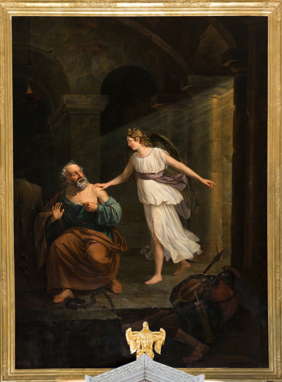 Bölge kilisesi (Nederbrakel, Bölge Kilisesi Sint-Pieter-in-de-Banden). İç mekan. tablo. "Aziz Peter melek ve Thomas tarafından teslim edildi". Jean-Henri DeCoene. yaklaşık 1835. by Jean Henri de Coene