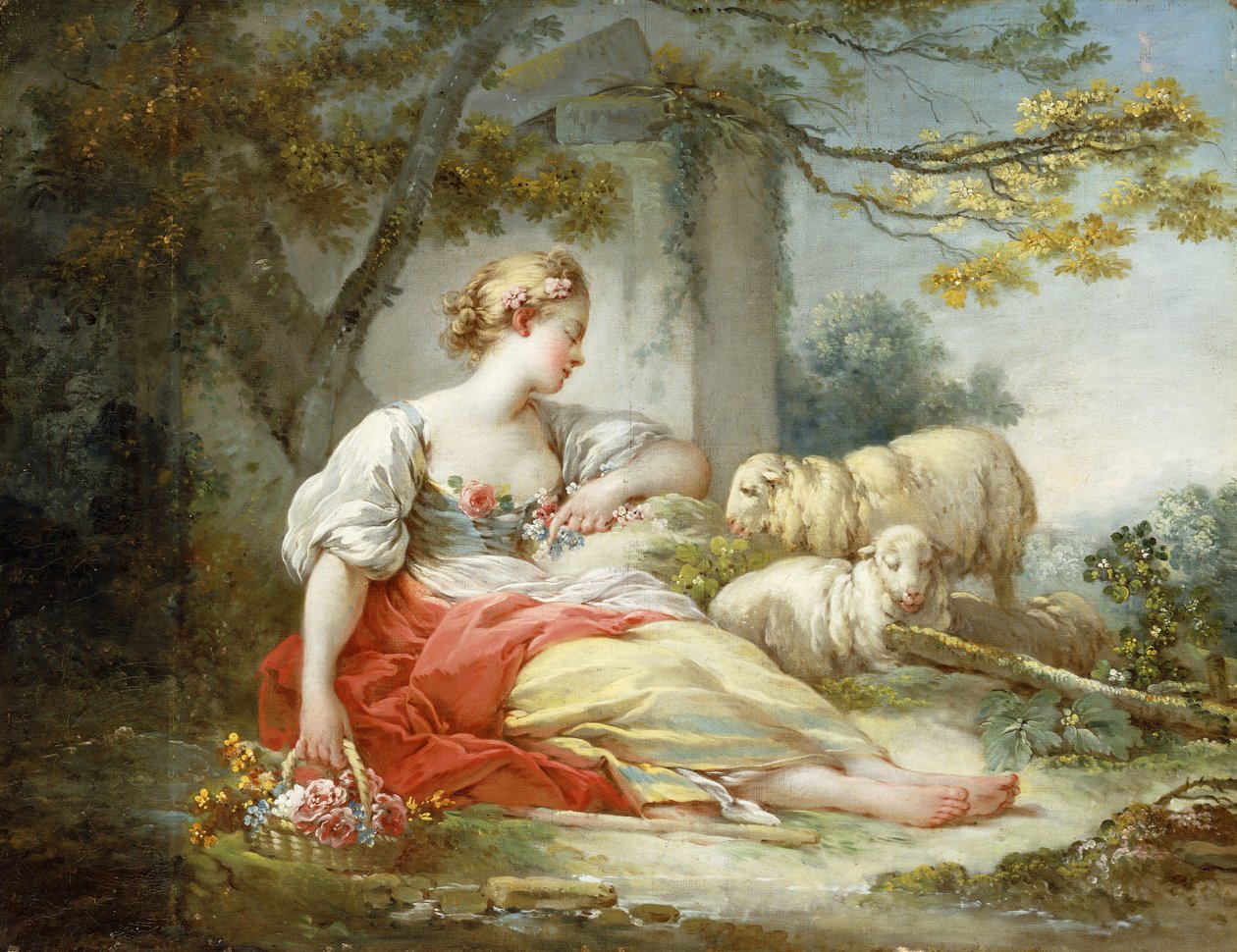 Ormanlık Bir Peyzajda Bir Harabenin Yanında Koyun ve Çiçek Sepetiyle Oturan Bir Çoban, by Jean Honore Fragonard