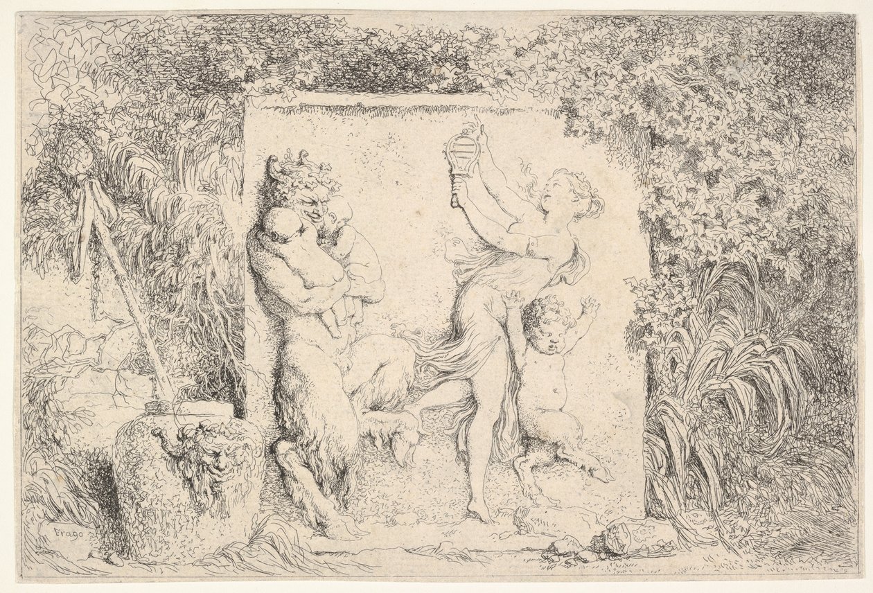 Solda iki bebek tutan bir satiri, sağda başka bir çocuk satiri tasvir eden bir kısma..., 1763. by Jean Honore Fragonard