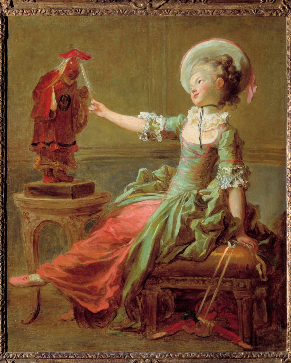 Genç bir kız saçını çeken bir Çin heykeli ile eğleniyor. Jean Honore Fragonard