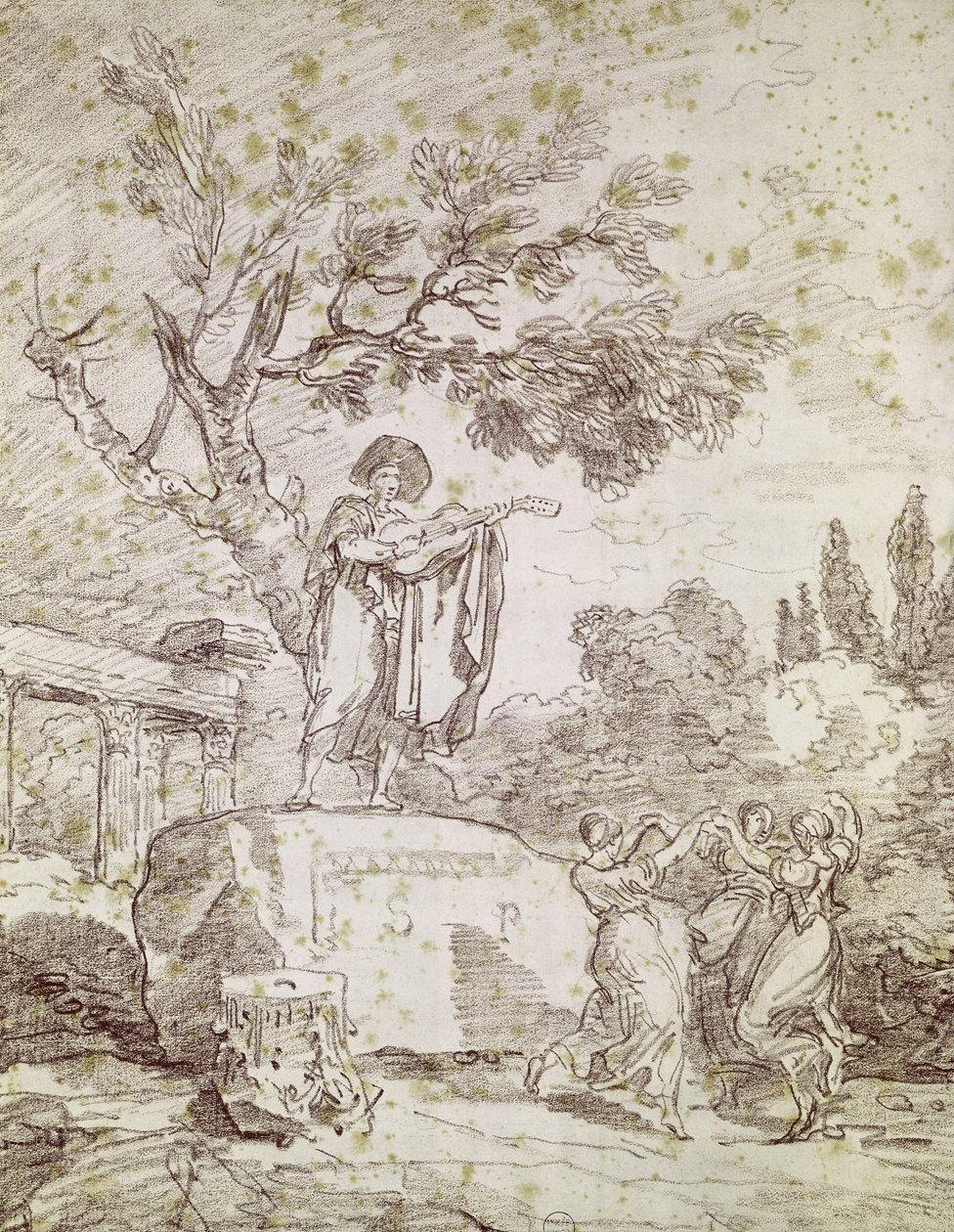 Üç Dans Eden Kız İçin Oynayan Bir İtalyan Gitarist (kağıt üzerinde kırmızı tebeşir) by Jean Honore Fragonard
