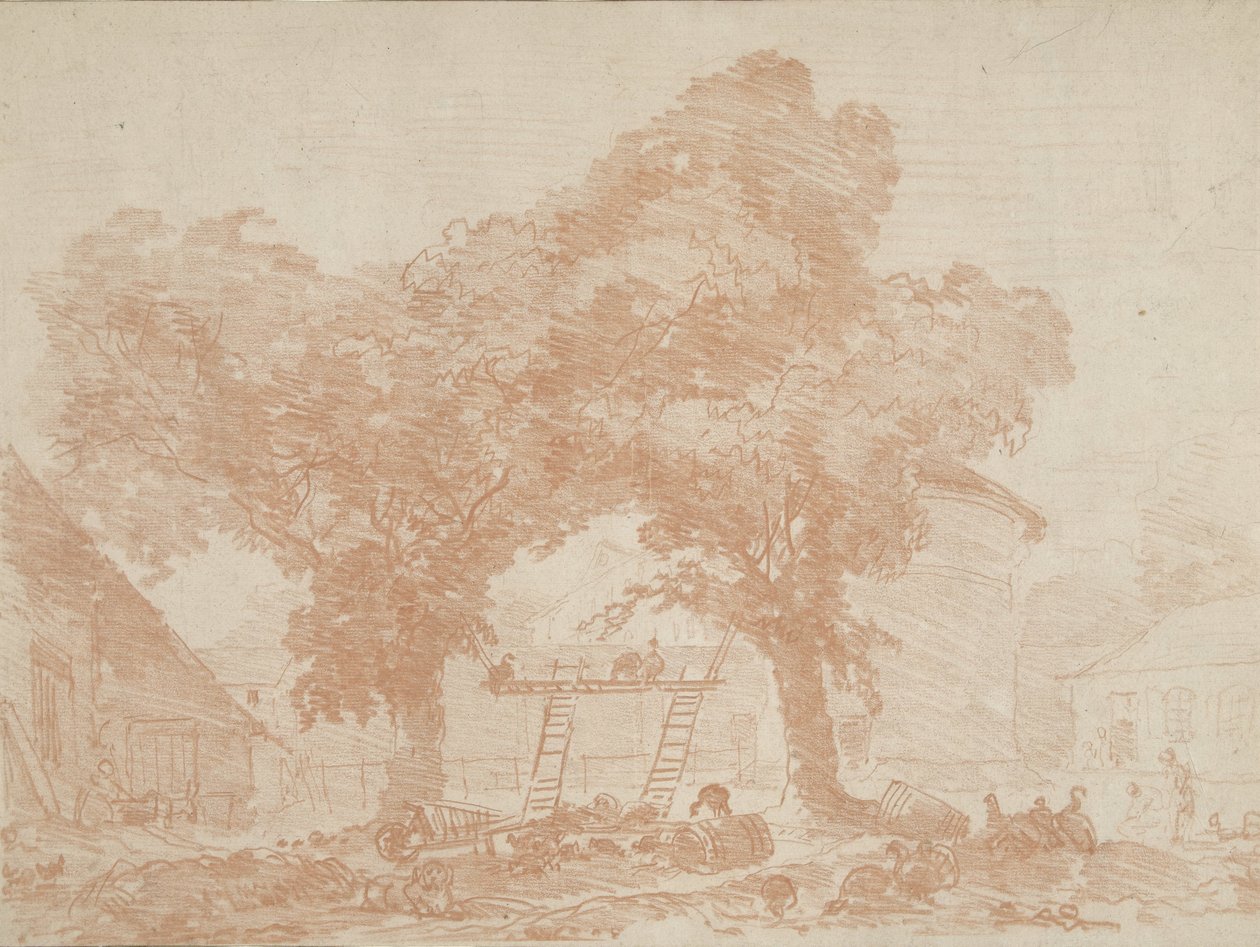 Arasında merdiven bulunan iki ağaçlı çiftlik avlusu by Jean Honore Fragonard