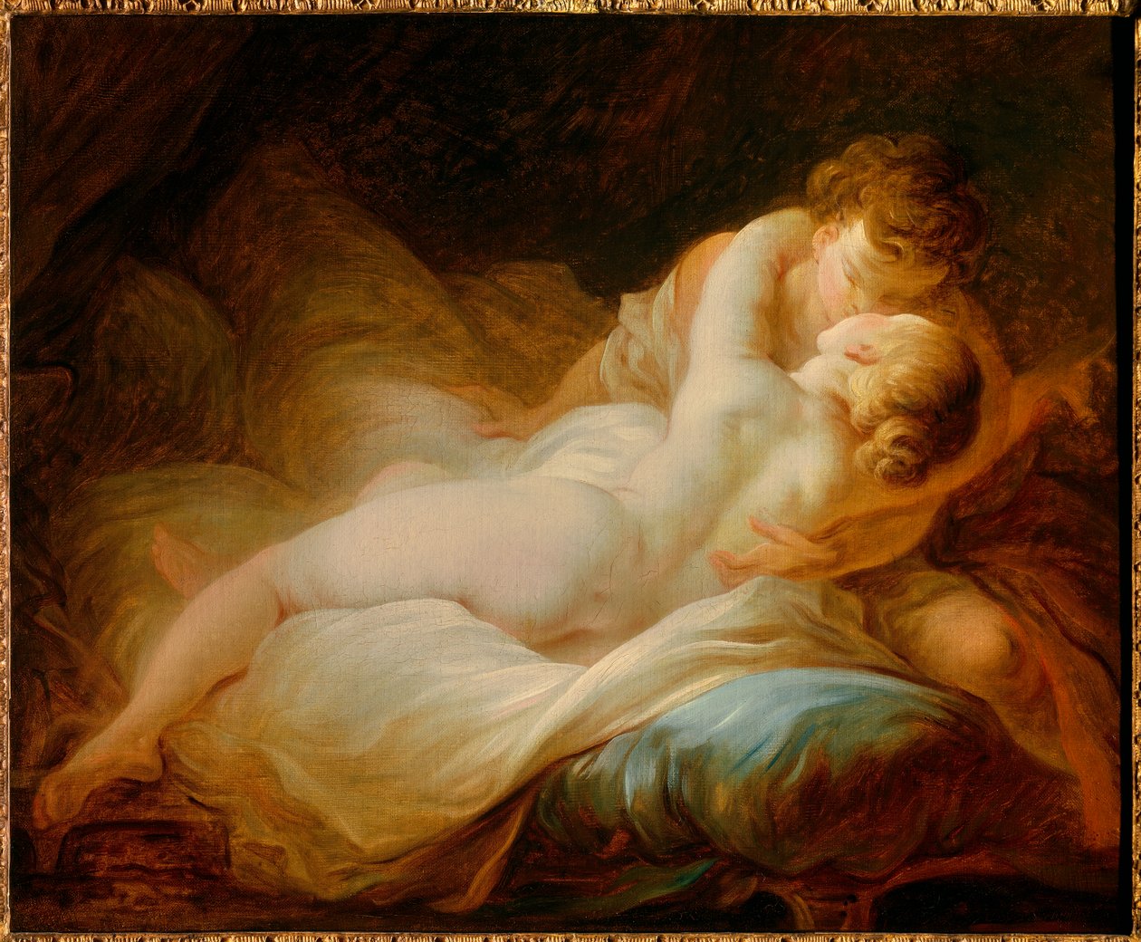 Erotica: “” arzu an””” veya “” mutlu aşıklar””” Yatakta öpüşen bir çift. Jean Honore Fragonard (1732-1806) tarafından 18. yüzyıl tablosu. Özel koleksiyon by Jean Honore Fragonard