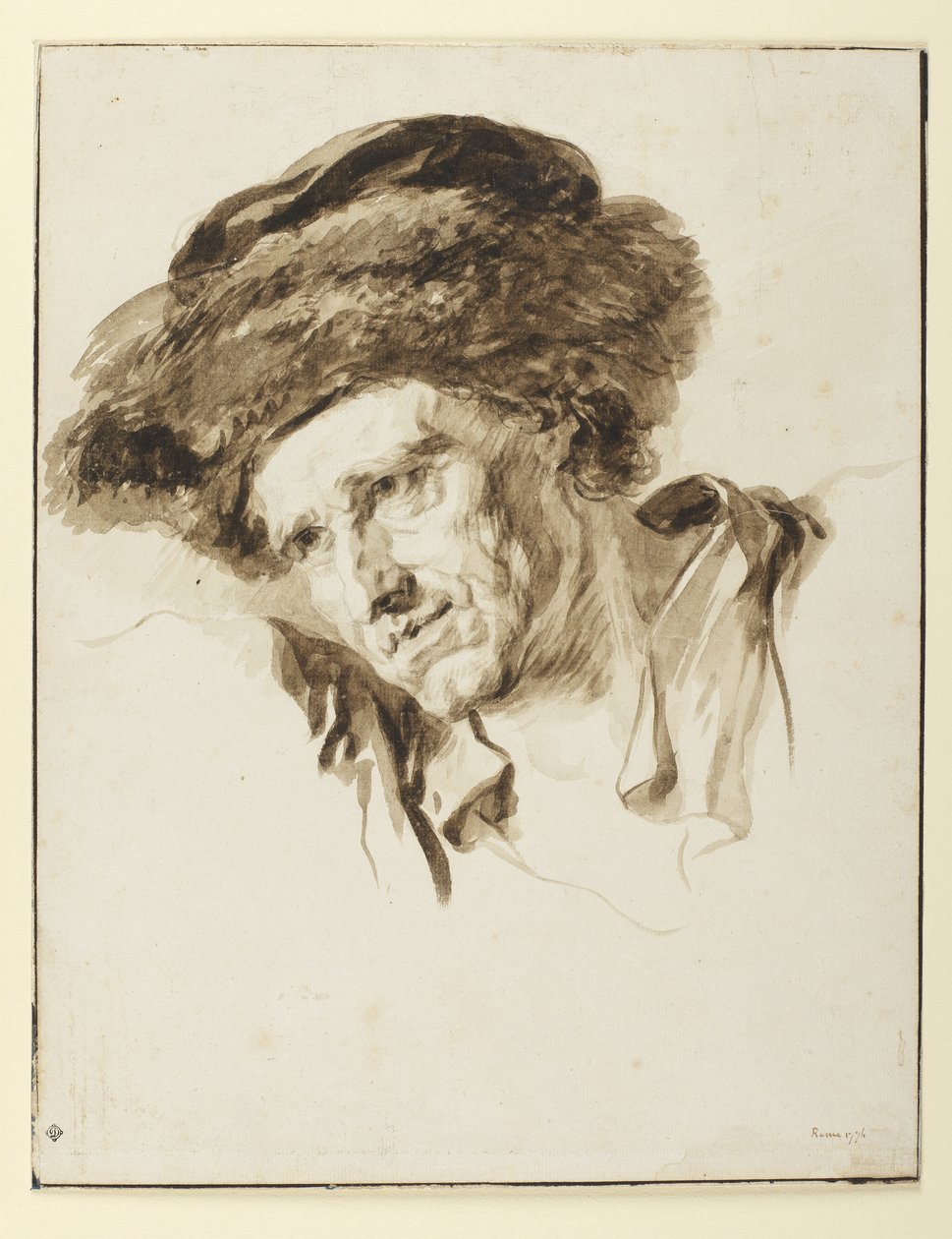 Kürk şapka takan bir adamın başı, 1774 (kalem ve mürekkep, yıkama ve kağıt üzerinde grafit) by Jean Honore Fragonard