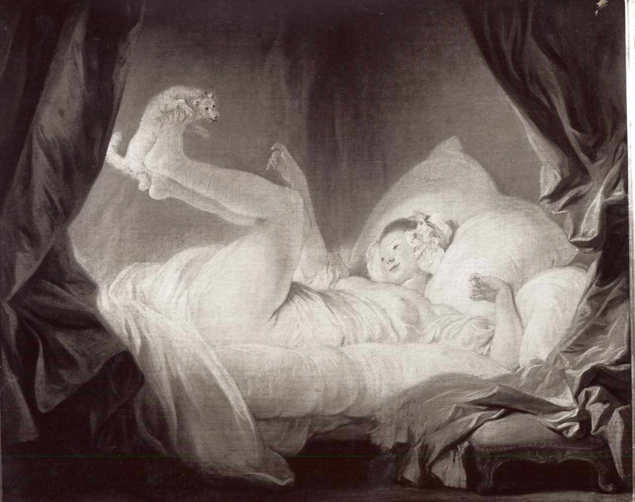La Gimblette veya Köpeğini Yatağında Dans Eden Genç Kız (tuval üzerine yağlı boya) (s/b fotoğraf) by Jean Honore Fragonard