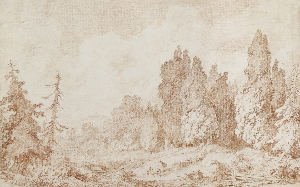 Köprülü Manzara, c.1760 (beyaz olmayan kağıt üzerine kırmızı tebeşir) by Jean Honore Fragonard