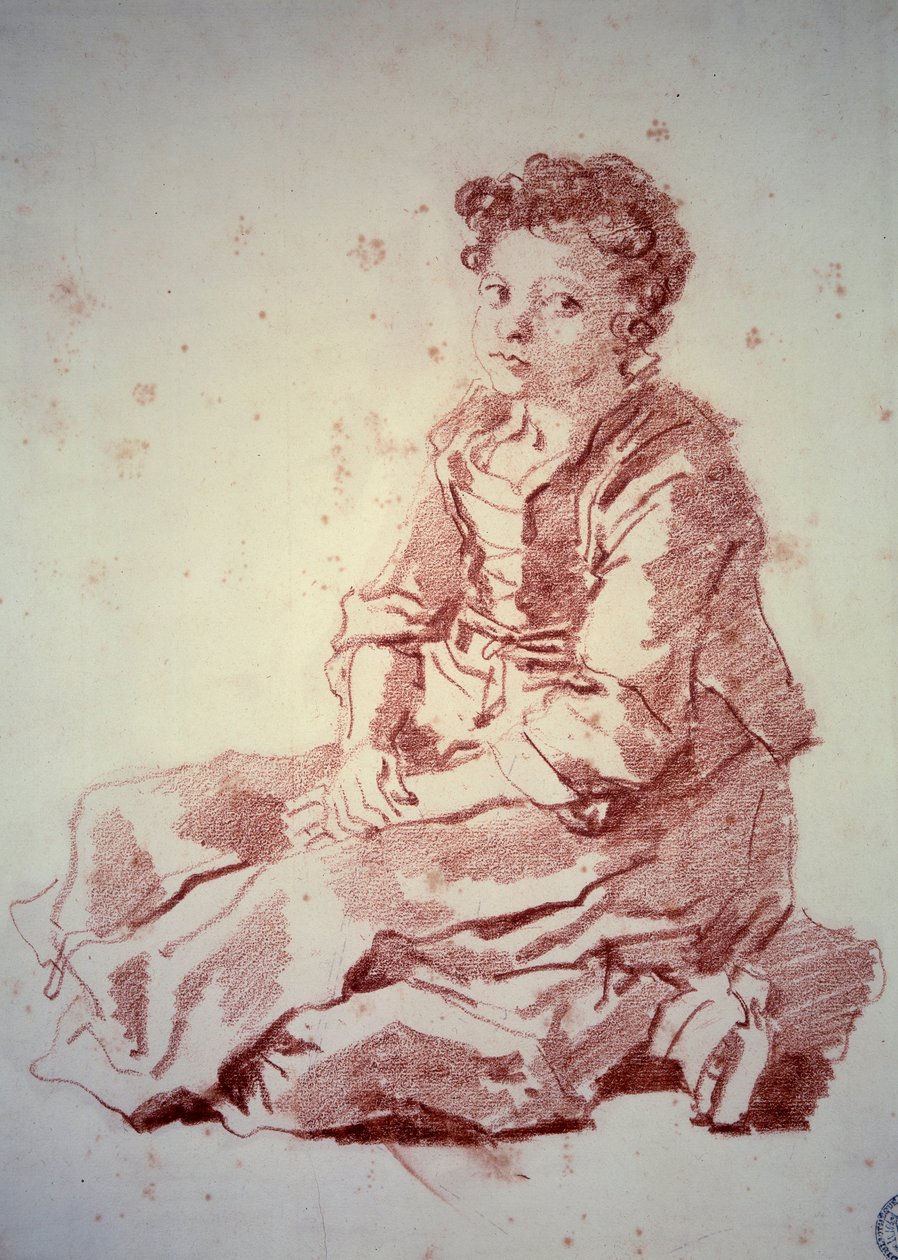 Jean Honore Fragonard (1732-1806) 1774 Besancon, Musee des Beaux Arts tarafından topuklarının üzerinde oturan küçük kız Sanguine by Jean Honore Fragonard