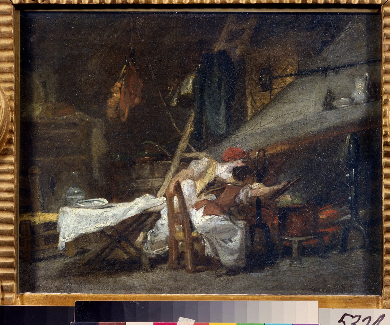 "Pres du poele" (Ocak başında) Bir mutfakta, ocakların yanında, aşçılar tencerede bir yemeğin pişmesini izliyor. Jean Honore Fragonard