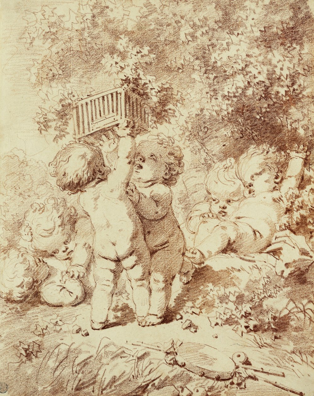 Altı Putti Oyunda, İki Kafes Tutuyor, by Jean Honore Fragonard