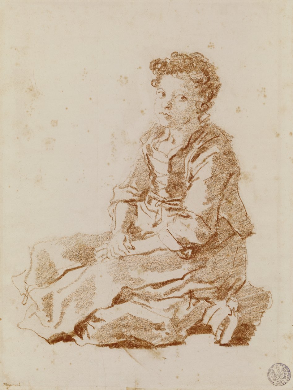 Yerde oturan küçük kız (kağıt üzerinde kırmızı tebeşir) by Jean Honore Fragonard
