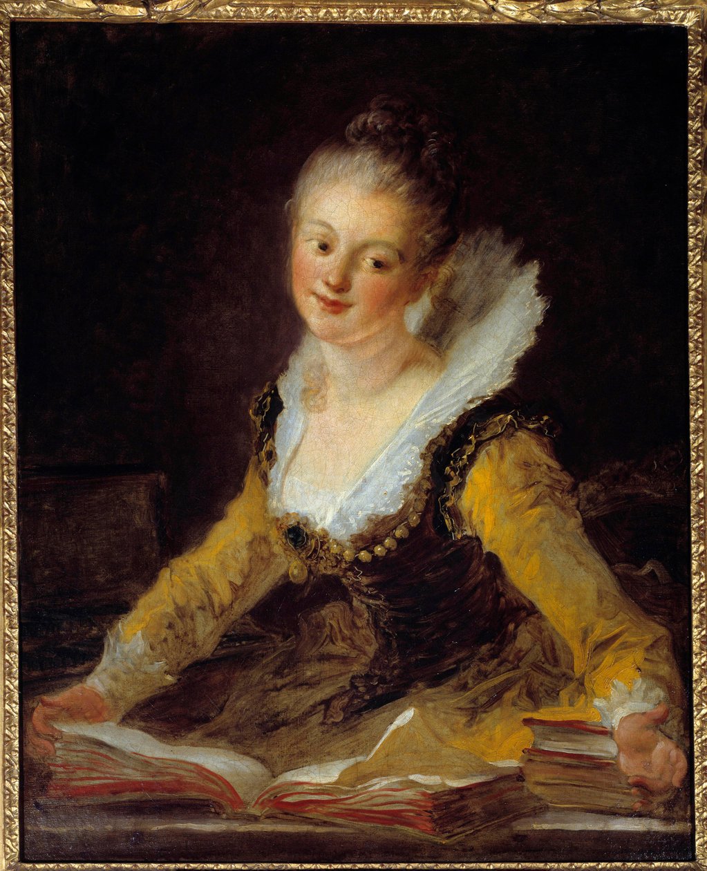 Ders çalışma. Bir kadının ofisi, öğrenmek için kitapları karıştırıyor. Jean Honore Fragonard