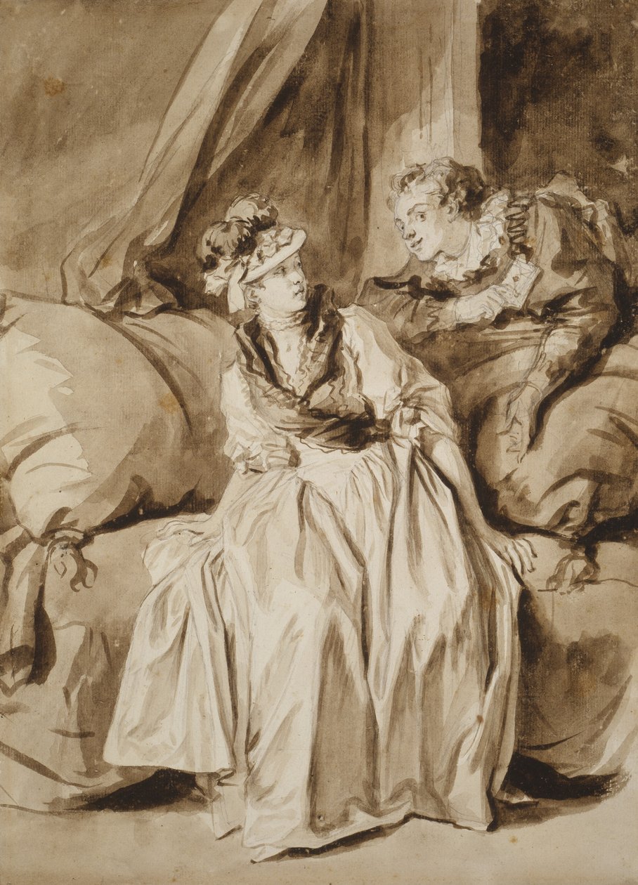 Mektup veya İspanyol Konuşması, c. 1778 (fildişi serilmiş kağıt üzerinde kahverengi yıkama ve grafit ile fırça ve kahverengi mürekkep) by Jean Honore Fragonard