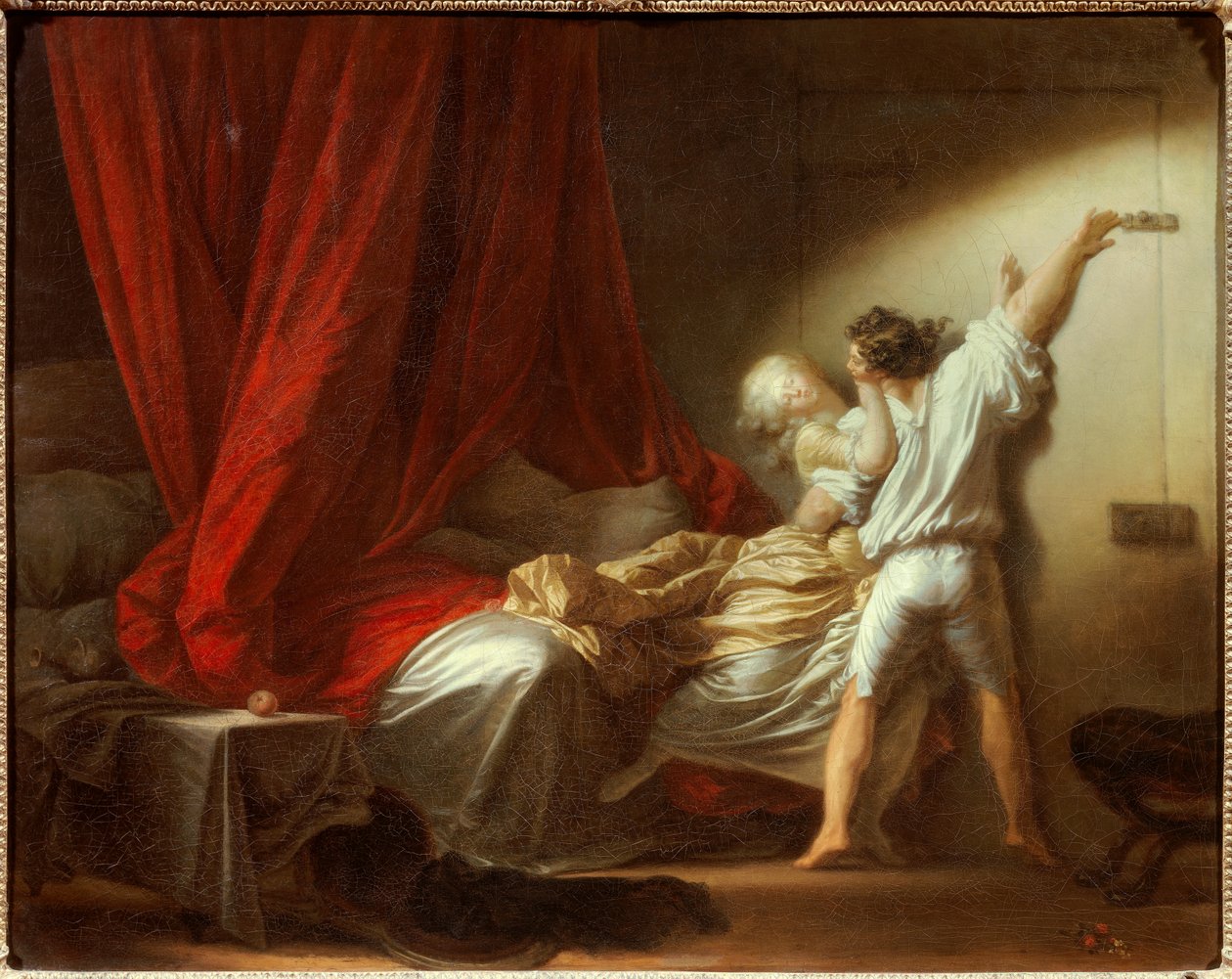 Romantik Sahne kilidi, metresinin yatak odasını yatakta terk etmesini engelleyen genç bir adamı betimliyor. Jean-Honore Fragonard (1732-1806) tarafından 18. yüzyıl tablosu. karartmak 0,73x0,93 m. by Jean Honore Fragonard