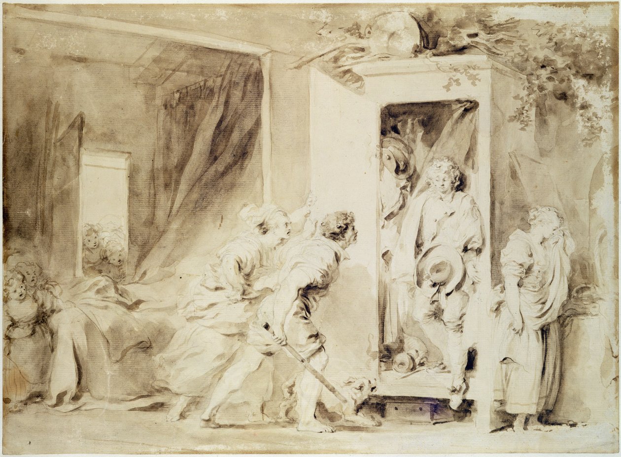 The Surprised Lover, 1755 (tebeşirle ön çizim üzerine kahverengi kalem) by Jean Honore Fragonard