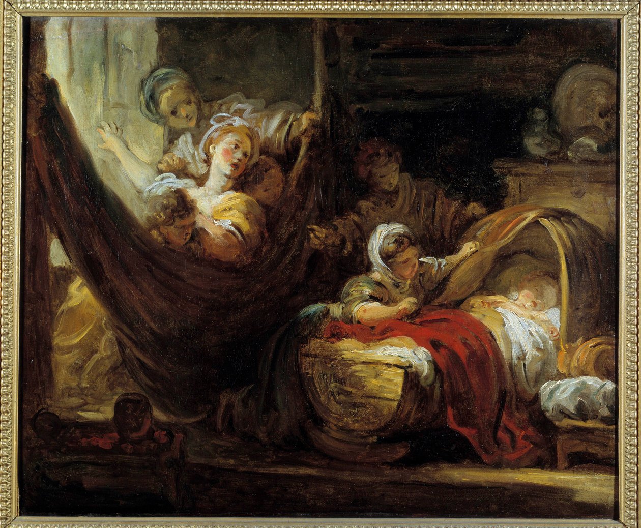 Beşik Kızları ve sepet içinde bir bebek ile çevrili bir hamakta bir anne. Jean Honore Fragonard