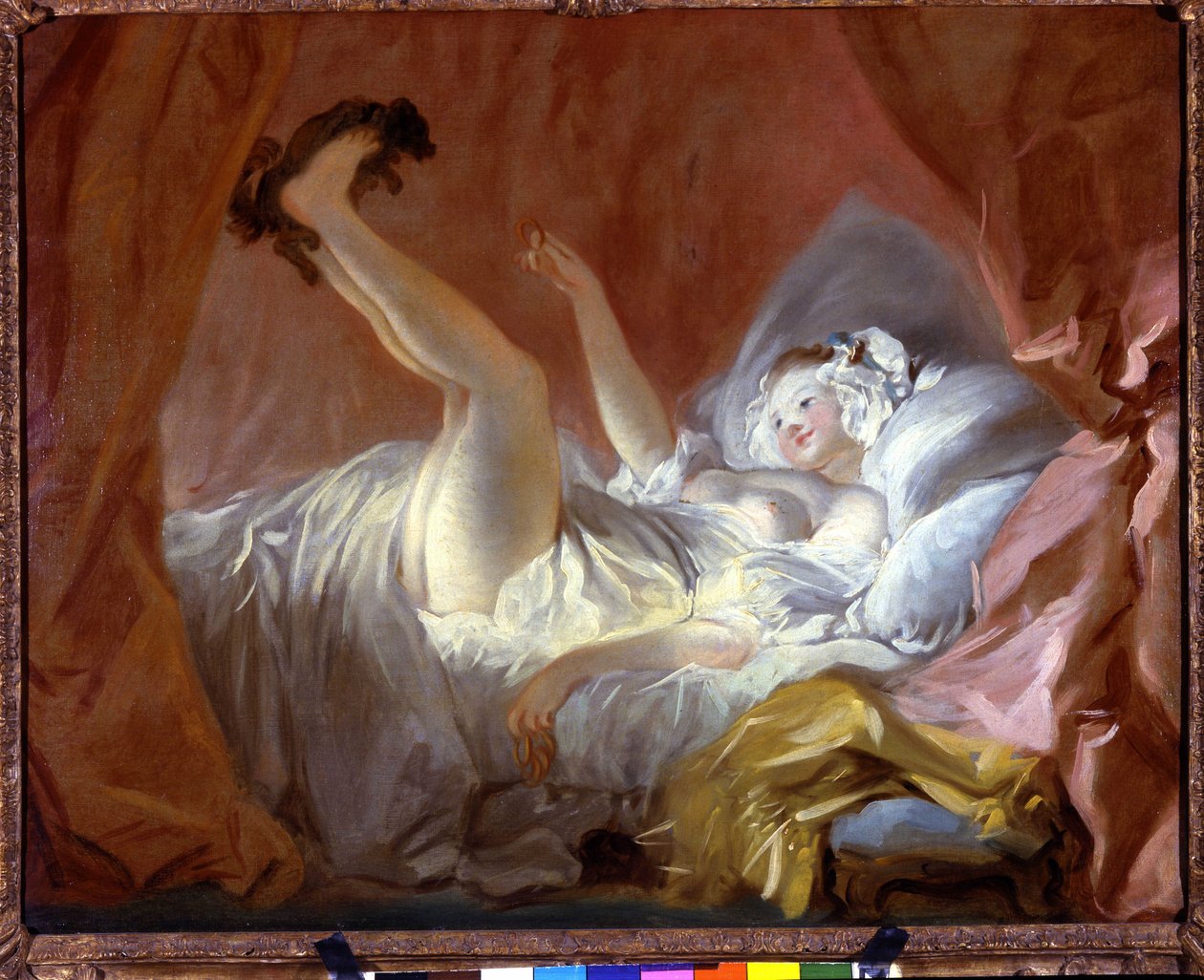 Gamlet. Gimmblette, halka şeklinde bir hamur işidir. Kız, bu kurabiyeyi ona vererek yatağında bir köpekle yatarak oynuyor. Jean Honore Fragonard (1732-1806), Paris Fond Cailleux tarafından yapılan tablo by Jean Honore Fragonard