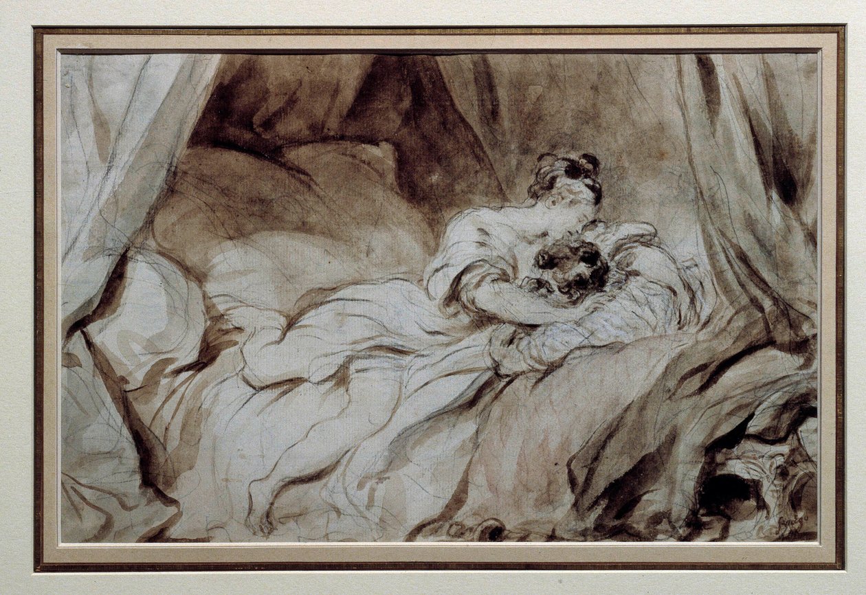 Mutlu an Bir yatakta birbirini okşayan bir çift. Bistre Yıkamada Çizim Jean Honore Fragonard (1732-1806) 18. yüzyıl Özel Koleksiyonu by Jean Honore Fragonard