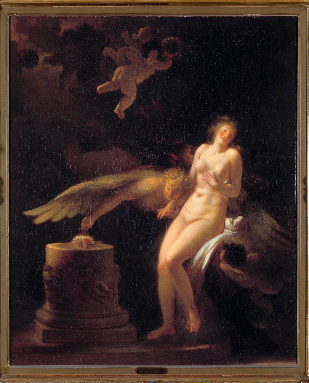 Gülün kurbanı Üzerine bir gül (bakireliği?) ve bir yaratık aileesinin yerleştirildiği bir kurban sunağının önünde çıplak bir genç kadın. Jean Honore Fragonard