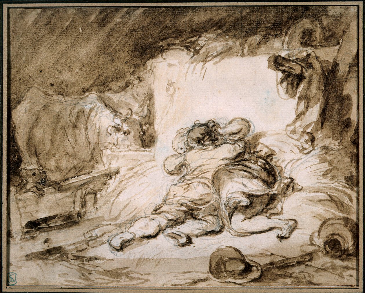 Ahır Bir çift samanlıkta kucaklaşıyor. Jean Honore Fragonard (1732-1806) Paris tarafından yıkamada çizim. Müze Konyak Jay by Jean Honore Fragonard