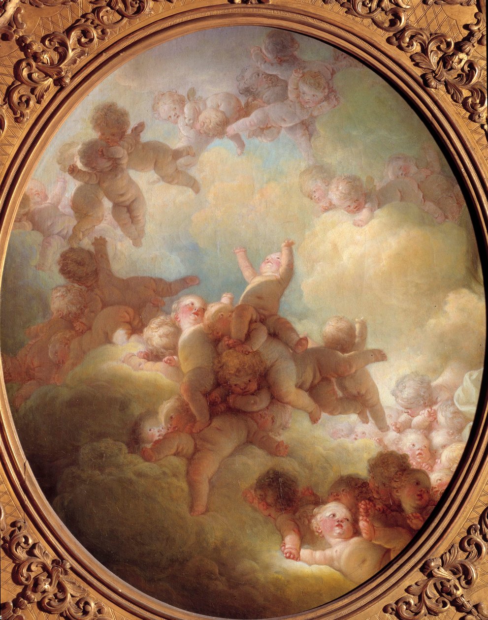 Bulutlarda Aşk Grubu sürüsü. Jean Honore Fragonard'ın (1732-1806) 18. yüzyıl Güneşi tablosu. 0,56x0,65 m Paris Louvre Müzesi by Jean Honore Fragonard