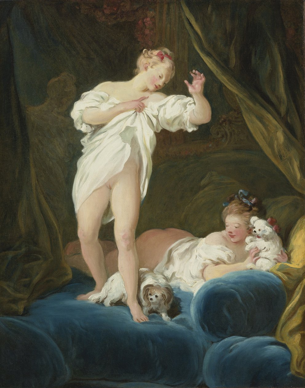 Yatakta Köpekleriyle Oynayan İki Kız by Jean Honore Fragonard