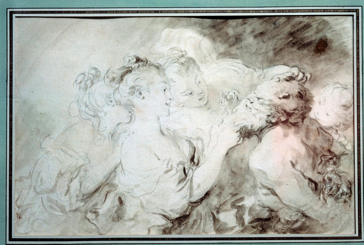 Genç kızlar satirle güreşiyor Genç kadınlar satir sakalıyla eğleniyor. Bistre Yıkamada Çizim Jean Honore Fragonard (1732-1806) 18. yüzyıl Özel Koleksiyonu by Jean Honore Fragonard
