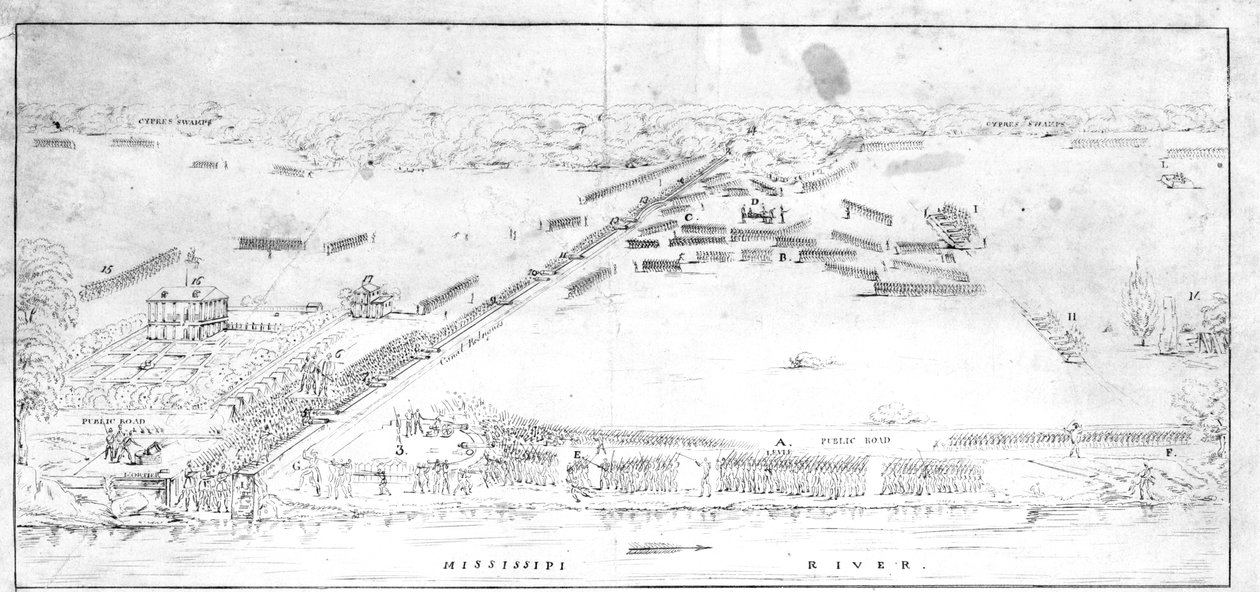 Chalmettes plantasyonu yakınlarındaki savaşın görünümü, 8 Ocak 1815. by Jean Hyacinthe Laclotte