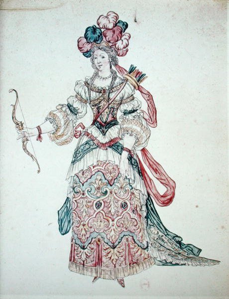 Fiyonklu kadın, tiyatro kostümü tasarımı (kağıt üzerinde wc) by Jean II Berain