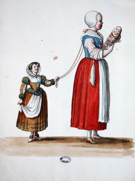 İki Genç Kız, XIV. Louis kutlamaları ve partileri için teatral kostüm tasarımı (kağıt üzerine suluboya) by Jean I  Berain