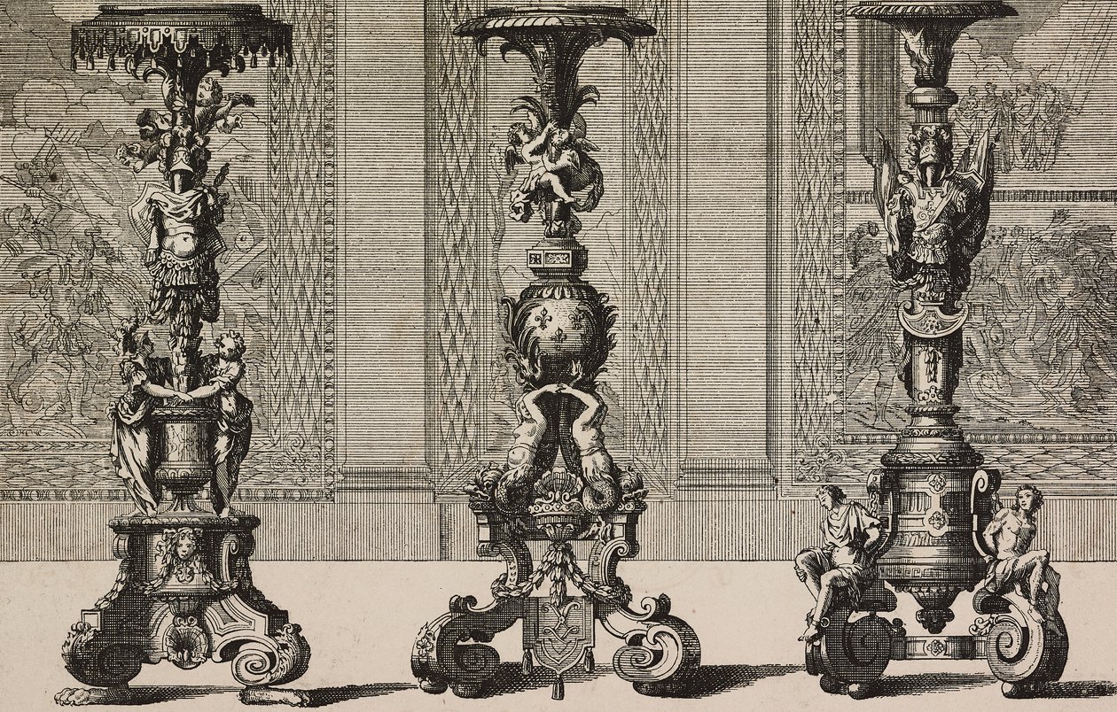 Büyük bronz şamdanlar, gravür Jean Berain (1640-1711)