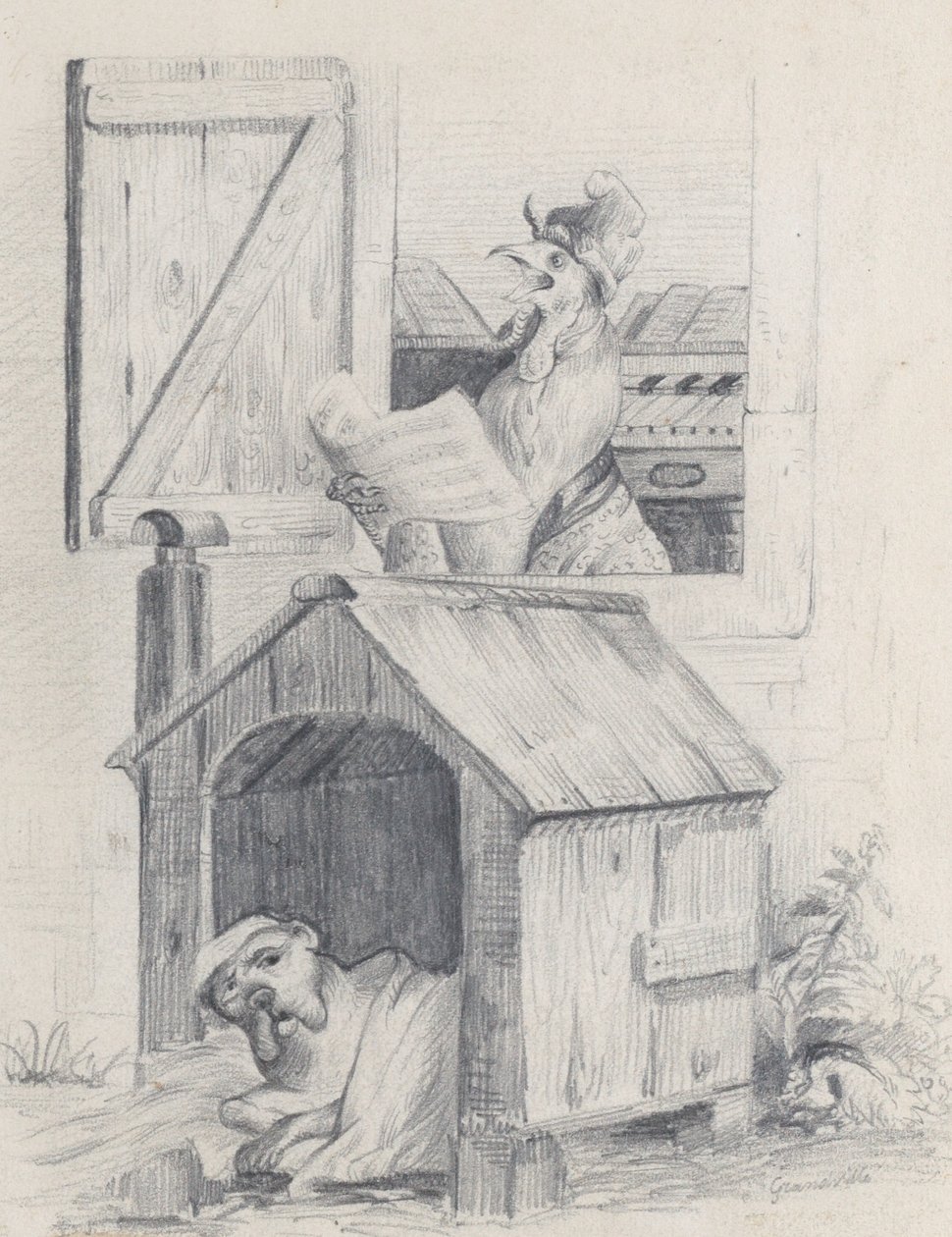 Köpek kulübesinde köpek, pencerede şarkı söyleyen horoz, ca. 1842. by Jean Ignace Isidore Gérard
