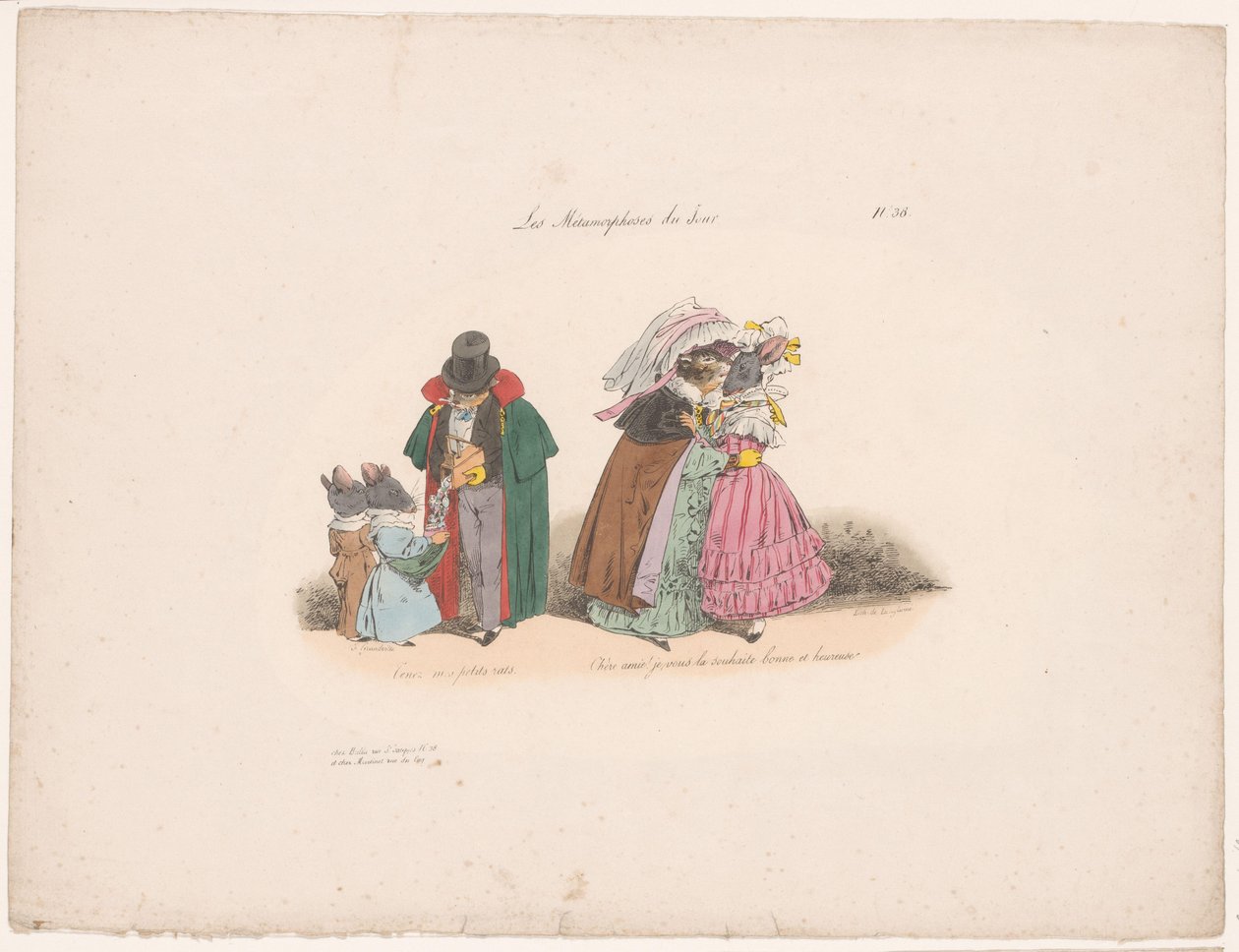 Kediler farelere dosttur Tenez mes petits rats (...) (nesne üzerindeki başlık) Çağdaş metamorfozlar (dizi başlığı) Les Metamorphoses du Jour (nesne üzerinde seri başlığı) by Jean Ignace Isidore Gérard Grandville
