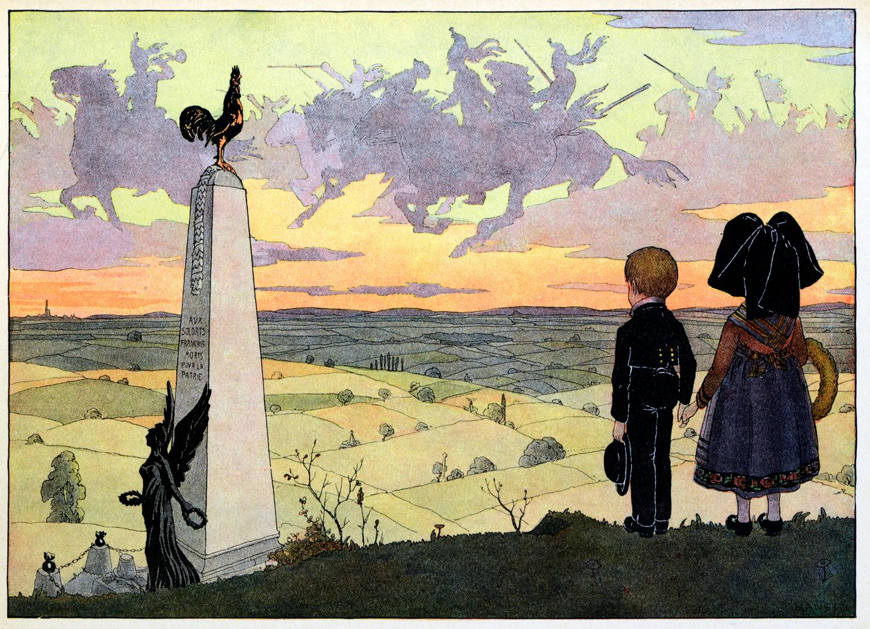 Köyüm, unutmayanlar: Savaş alanı (Hansi için poz veren Spinner iki çocuğun olduğu Geisberg Anıtı); by Jean Jacques (1873 1951) Waltz
