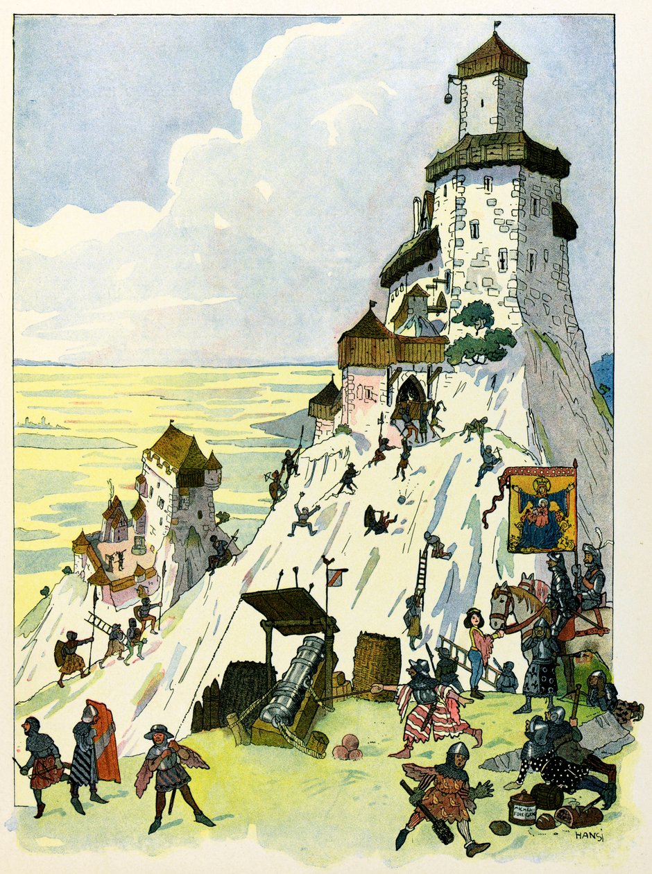 Alsas'ın hikayesi, çocuklara Hansi Amca tarafından Jean Jacques Waltz dit Hansi (1873-1951) tarafından anlatılıyor, özel koleksiyon: Siege du chateau D'Ortenberg 1293; Dikkat! Bu çalışmanın kullanımı, üçüncü taraf yetkilendirme talebine veya ek ücr by Jean Jacques (1873 1951) Waltz