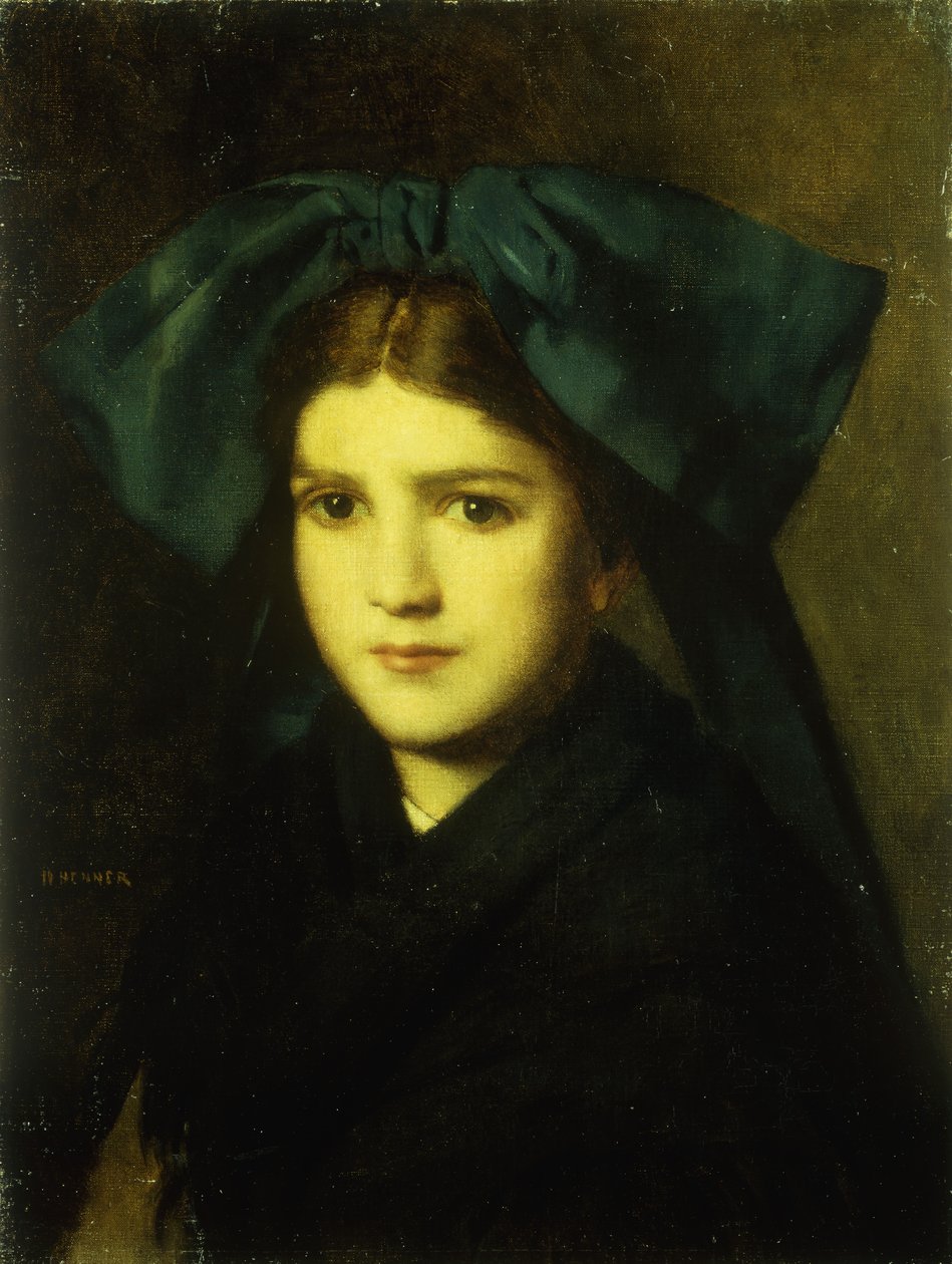 Saçında fiyonk olan genç bir kızın portresi by Jean Jacques Henner