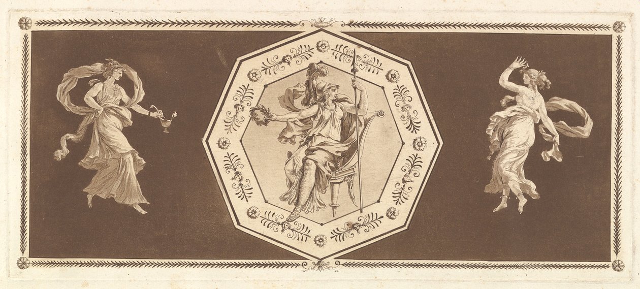 Dekoratif bir sekizgen içinde oturan Minerva, solda ve sağda bir figürle Gece..., 1784. by Jean Jacques Lagrenee