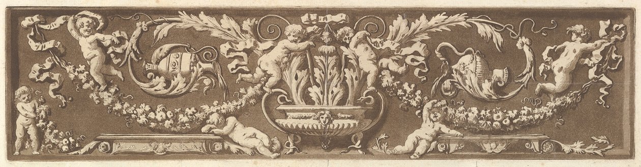Recueil de Diff..., 1784'ten putti, akantus yaprakları ve meyve çelenkleriyle süs friz. by Jean Jacques Lagrenee