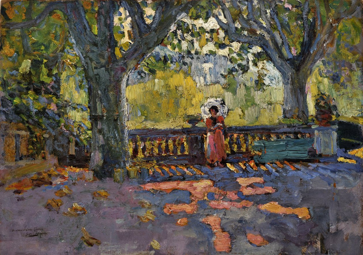 Genç kadının gölgeli terasta şemsiyesi var. Jean-Jacques Roque tarafından tablo (Jean Jacques Roque by Jean Jacques Roque