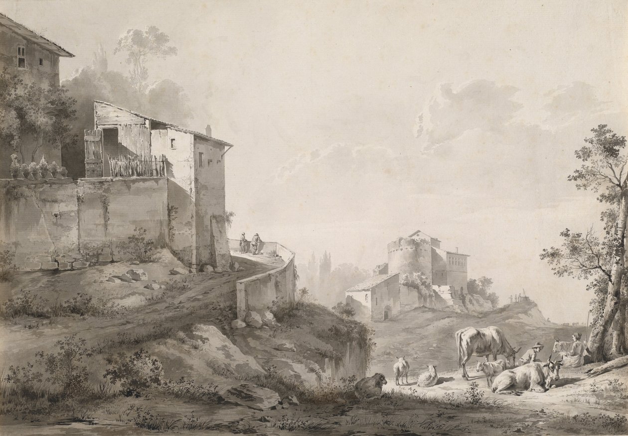 Tepe Evleri ile Güneşli Bir Manzara by Jean Jacques de Boissieu