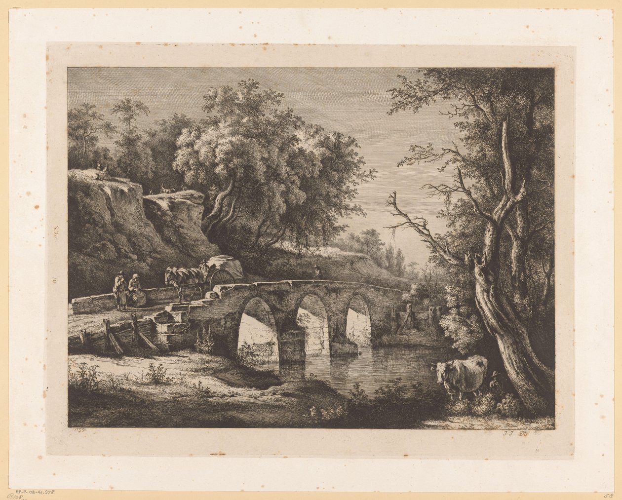 Taş bir köprü üzerinde figürlerle manzara by Jean Jacques de Boissieu