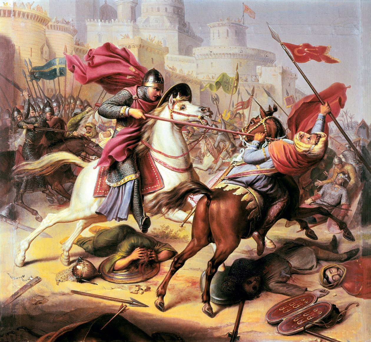 Birinci Haçlı Seferi: "" Normandiya Dükü II. Robert, 1098 - 1838 yıllarında Antakya kuşatması sırasında Müslüman bir askerle savaşan Robert Adliye Sarayı