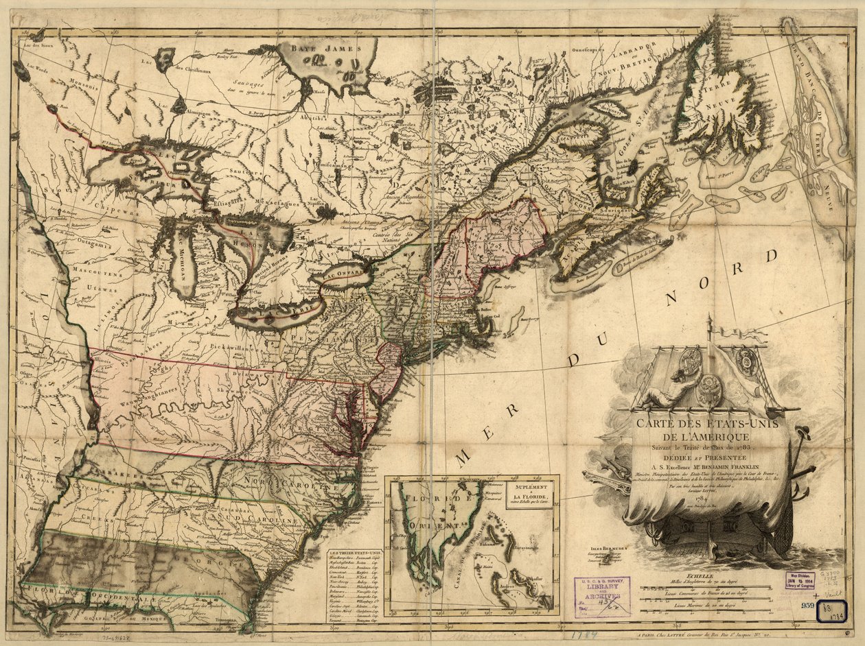 1783 Barış Antlaşması sonrasında Amerika Birleşik Devletleri haritası. by Jean Lattré