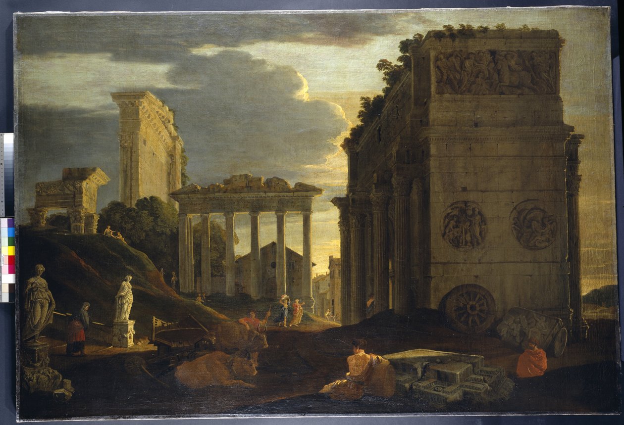 Zafer takı ve Satürn ve Jüpiter Tonans Tapınakları (tuval üzerine yağlı boya) ile figürlerle Capriccio görünümü by Jean Lemaire