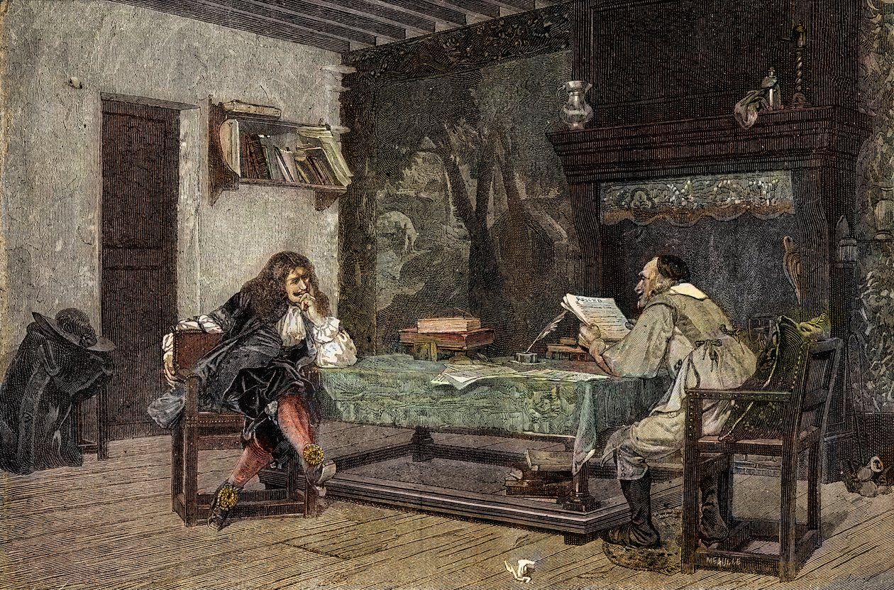 Jean Baptiste Moliere ve Pierre Corneille arasındaki işbirliği Fransız dramatis - “” Yazarlar Jean-Baptiste (Jean Baptiste) Poquelin dit Moliere (1622-1673) ve Pierre Corneille (1606-1684)”” Jean-Leon (Jean) resminden sonra gravür Leon) Gerome by Jean Leon (after) Gerome